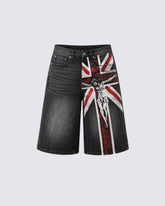 American-Style Distressed Streetwear Design With Cross Print Shorts
