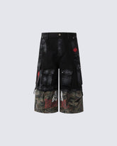 New Patchwork Camo Denim Cargo Shorts