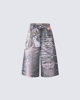 Wasteland Plaid Chain Print Wide Denim Shorts