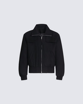 Black Wool-Blend Structured Zip-Up Jacket