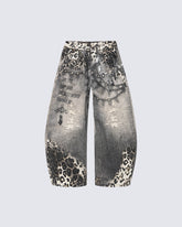 Leopard Print Spiked Graphic Barrel Denim Pants