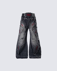 New Dark Washed Red Embroidery Flared Denim Jeans