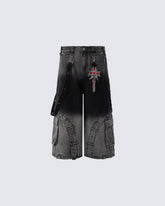 Washed Utility Wide Leg Cargo Shorts