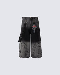 Washed Utility Wide Leg Cargo Shorts
