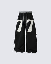 Double Waistband Number Patch Wide Leg Sweatpants