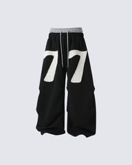 Double Waistband Number Patch Wide Leg Sweatpants