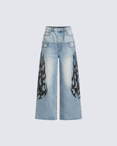 Vintage Wide-Leg Denim Pants with Flame Print