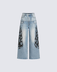 Vintage Wide-Leg Denim Pants with Flame Print