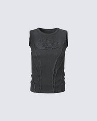 Dark Washed Distressed Sleeveless Ribbed Tank Top