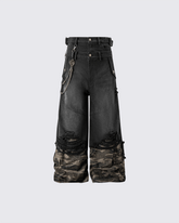 Double-Waist Camo Patchwork Distressed Wide-Leg Pants