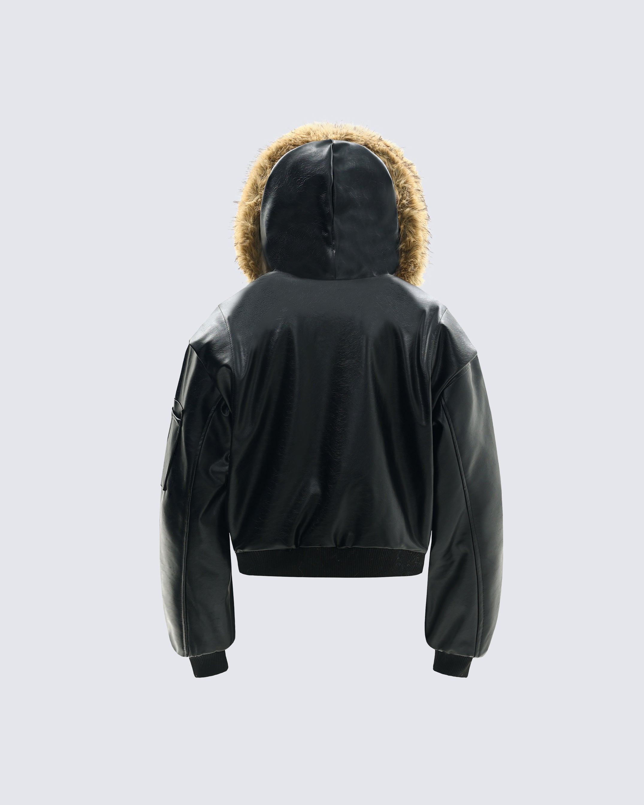 Faux Fur Hooded PU Leather Bomber Jacket