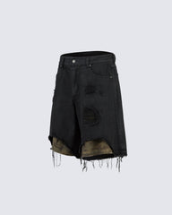Distressed Black Denim Shorts with Camouflage Inner Layer