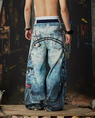 New Triple Waistband 3D Print Street Wide Pants