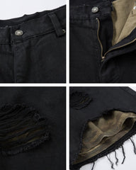 Distressed Black Denim Shorts with Camouflage Inner Layer