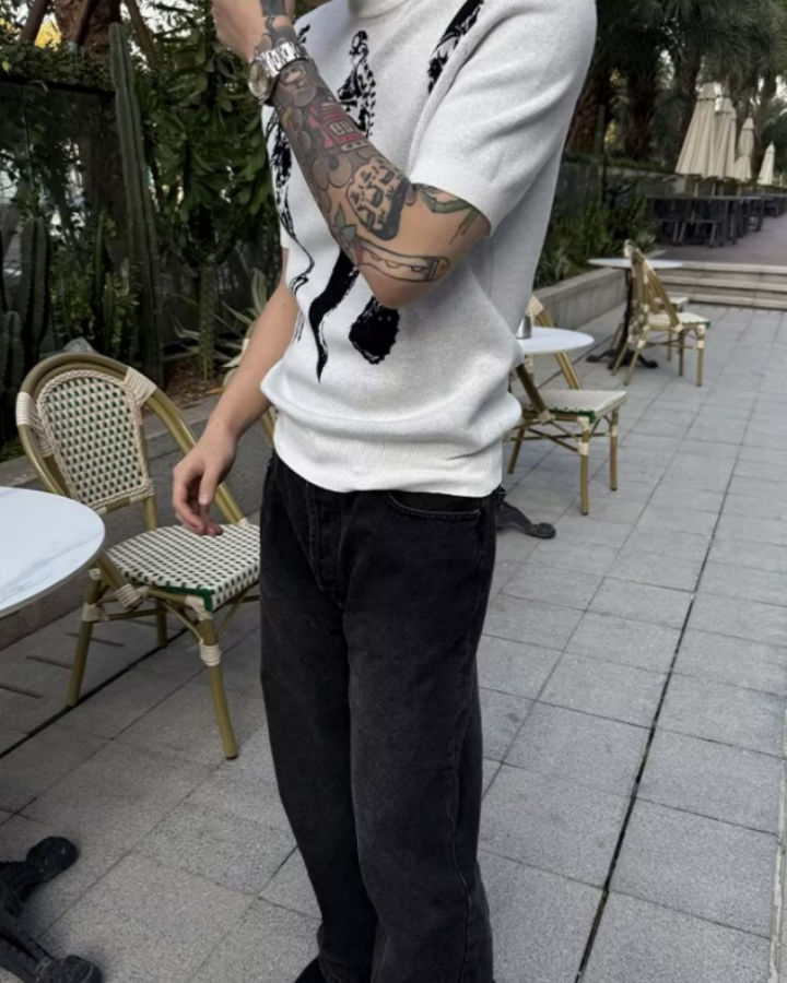 American-Style Relaxed Round Neck Knit Short-Sleeved Top