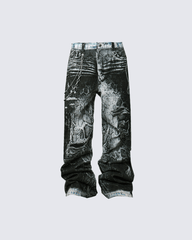 Grunge Snake Print Stacked Washed Jeans