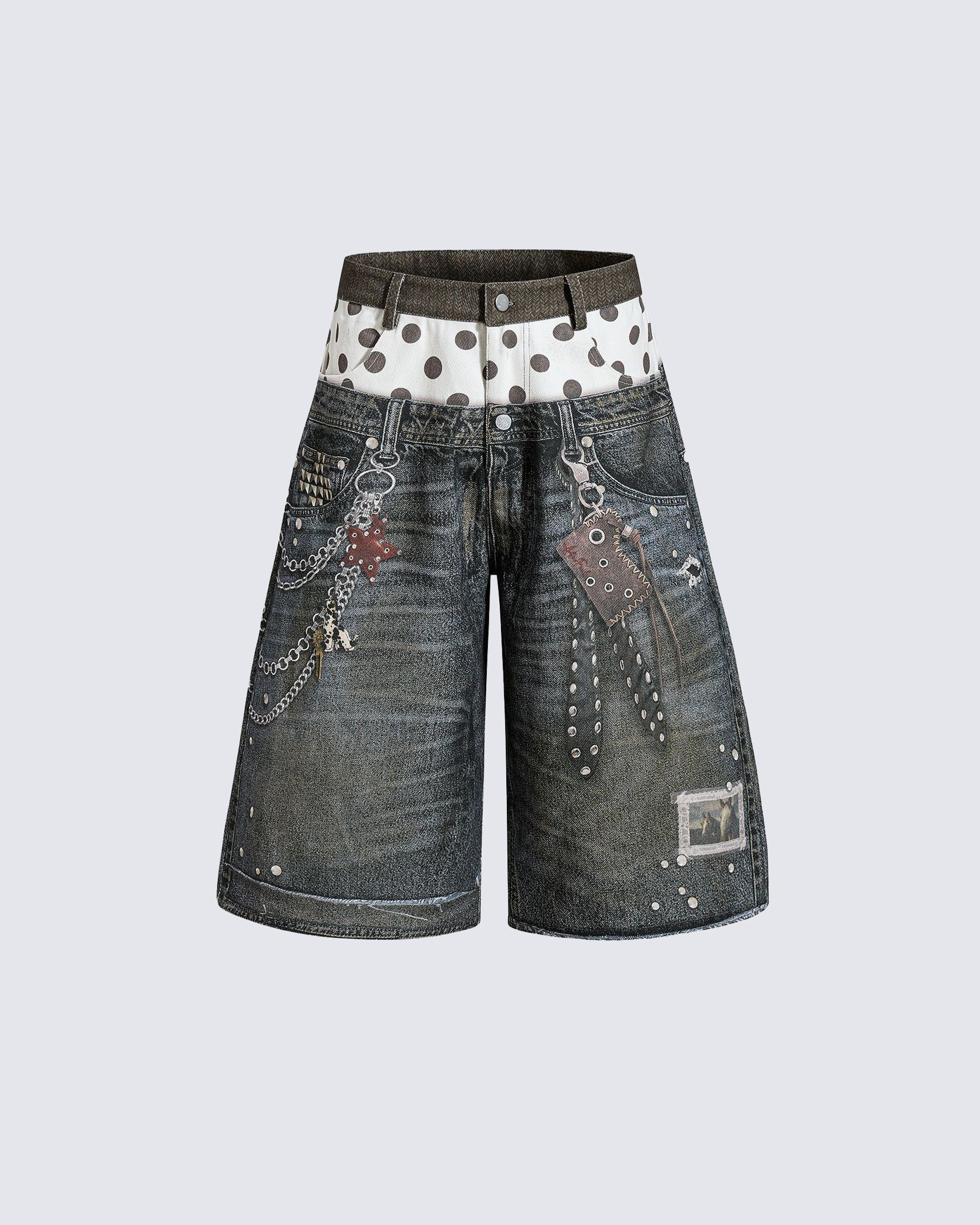 Retro Mixed Denim Polka Shorts