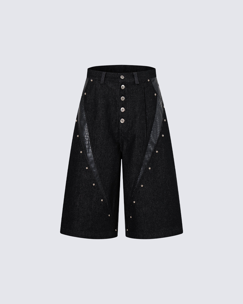 Deconstructed Wide Leg Faux Leather Denim Shorts
