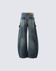 Retro Letter Print Wide-Leg Cargo Jeans