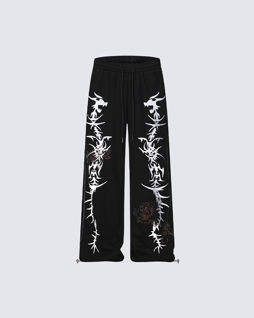 Y2K Dark Dragon Rose Rhinestone Straight Leg Sweatpants