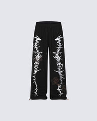Y2K Dark Dragon Rose Rhinestone Straight Leg Sweatpants