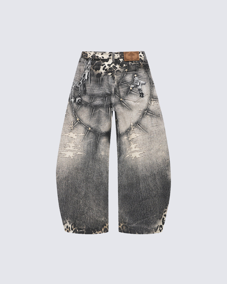 Leopard Print Spiked Graphic Barrel Denim Pants