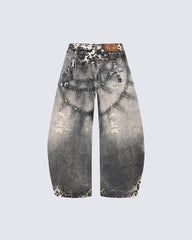Leopard Print Spiked Graphic Barrel Denim Pants
