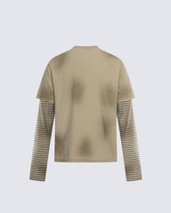 Graphic Print Long-Sleeve Tee with Striped Sleeves