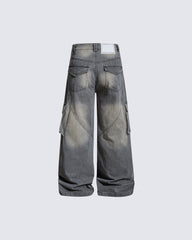American-Style Distressed Vintage Washed Multi-Pocket Wide-Leg Jeans