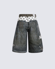 Retro Mixed Denim Polka Shorts
