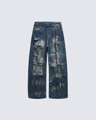 Gradient Bleach Distressed Wide Leg Denim Pants