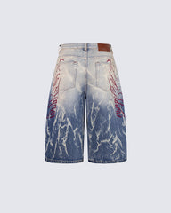 American-Style Design With A Fission Print Denim Capri Pants
