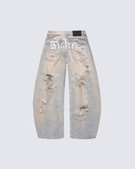 Pearl Rhinestone Ripped Barrel Washed Denim Pants