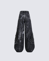 Vintage Washed Patchwork Lace-Up Wide Jeans