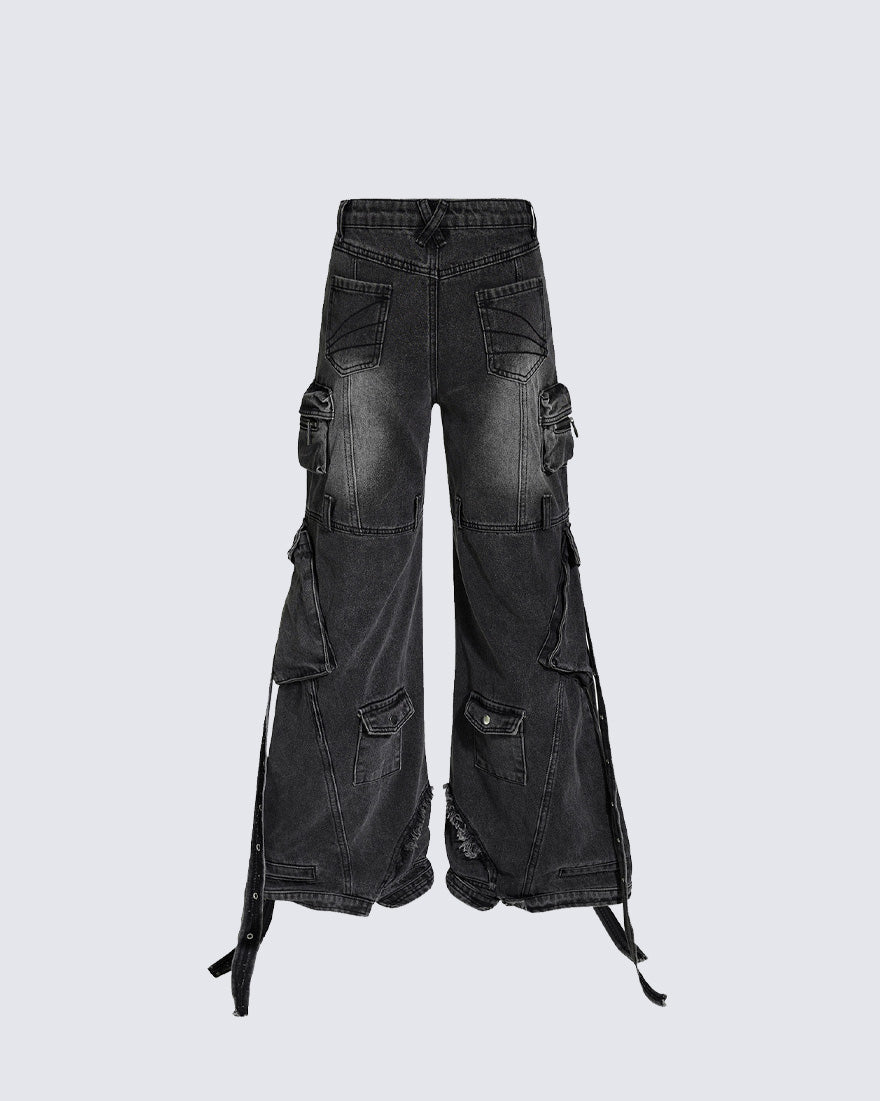 Distressed Cargo Pants with Strap Details