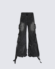Distressed Cargo Pants with Strap Details