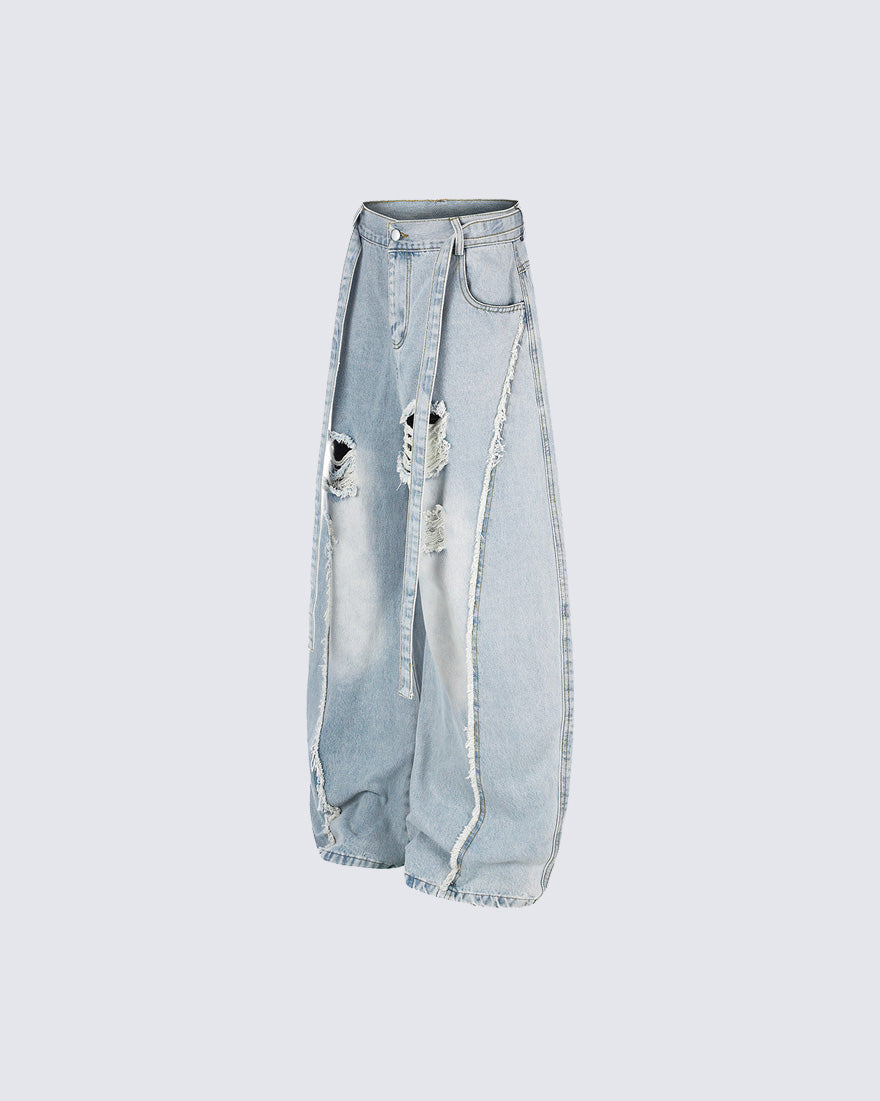 Distressed Strap Wide-Leg Jeans