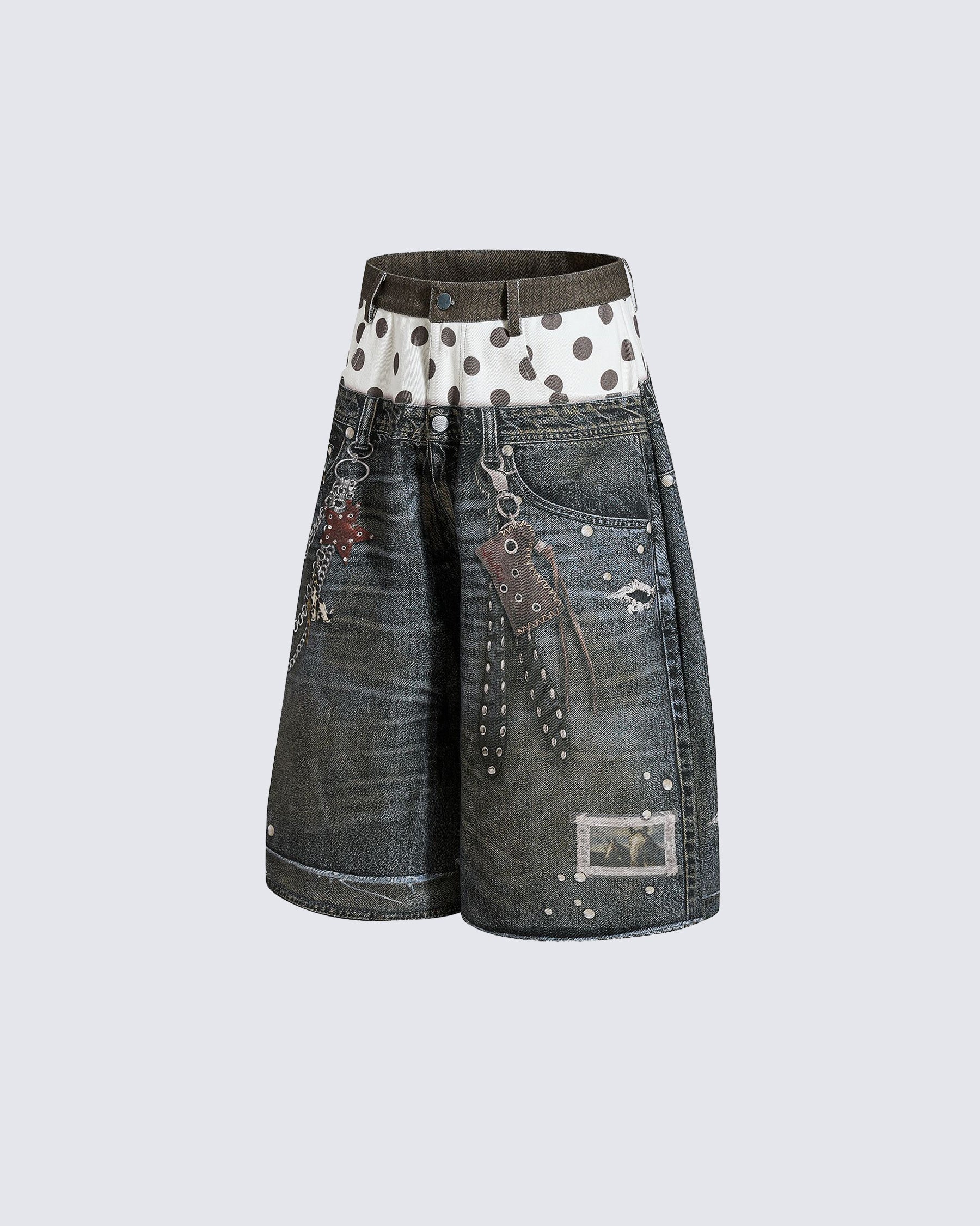 Retro Mixed Denim Polka Shorts