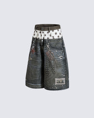 Retro Mixed Denim Polka Shorts