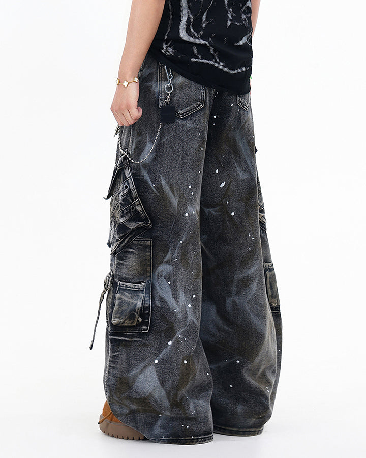Heavy Washed Ink-Splatter Deconstructed Denim Jeans