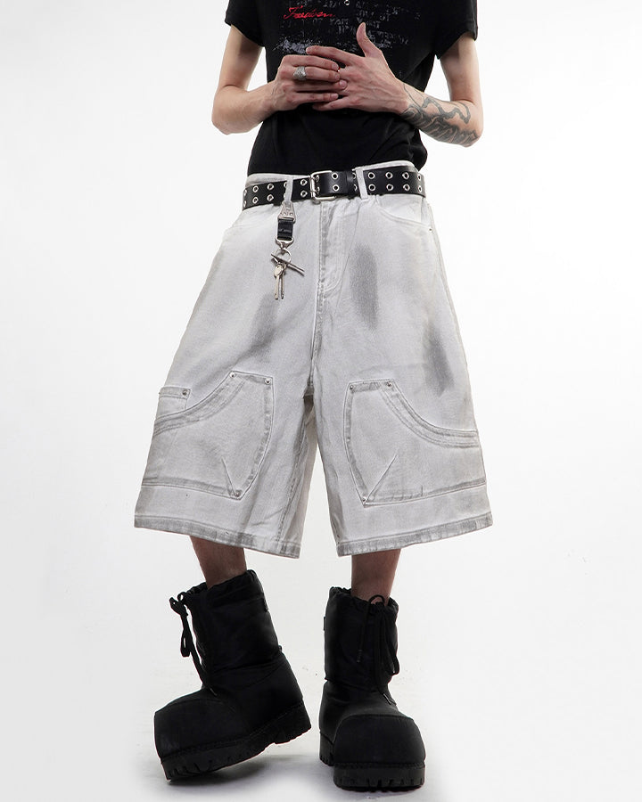 Light Asian Distressed Dirty-Dyed Denim Shorts