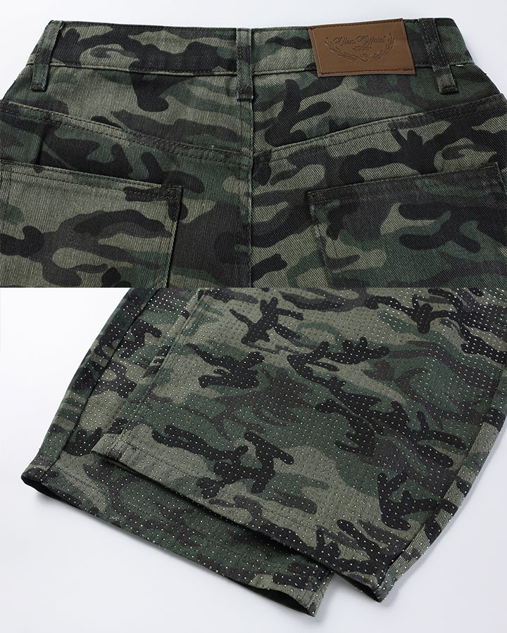 Vintage Camo Rhinestone Loose Balloon Denim Pants