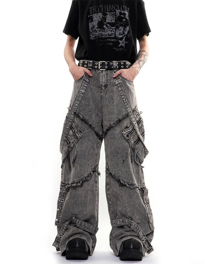 Detachable Strap Dark Heavy Deconstructed Jeans