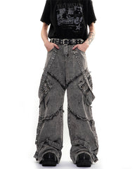 Detachable Strap Dark Heavy Deconstructed Jeans
