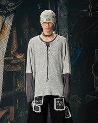 Lace-Up Neck Layered Knit T-Shirt