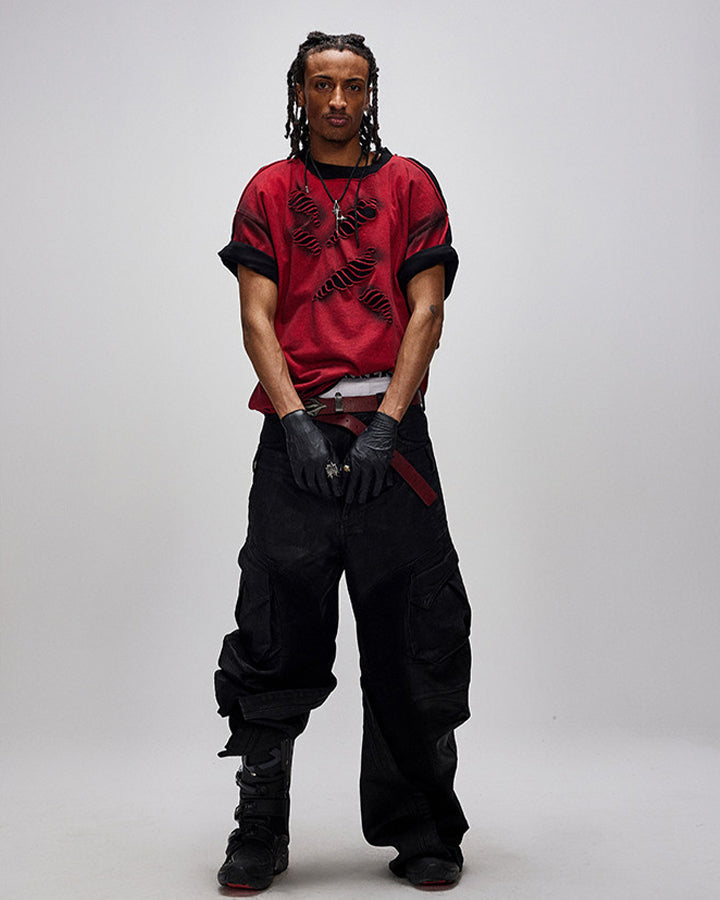Spray Paint Distressed Layered Streetwear T-Shirt