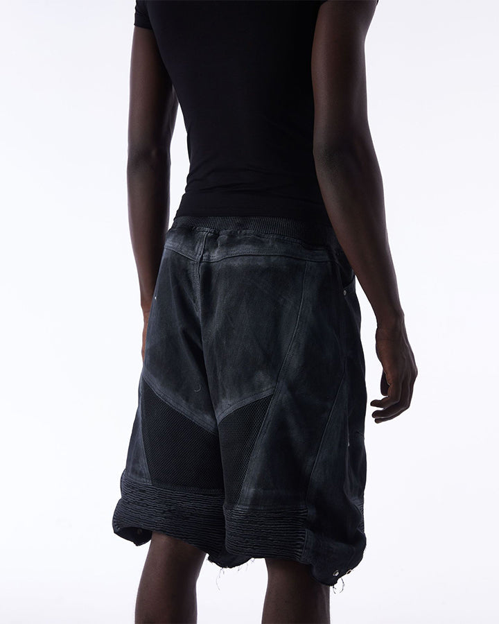 Dark Techwear Elastic-Waist Deconstructed Shorts