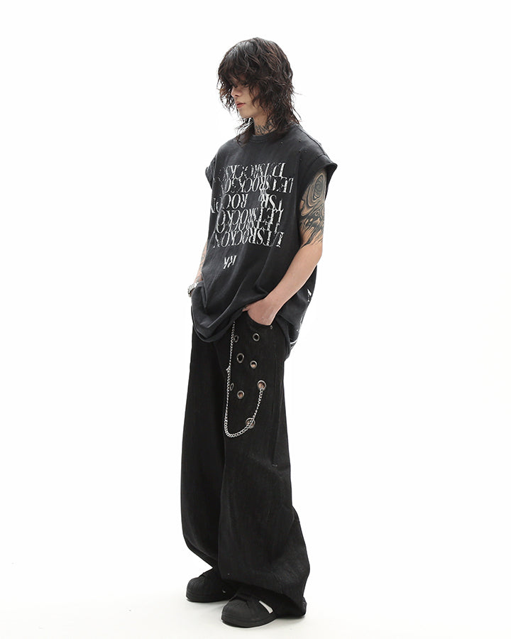 Grunge Washed Raw Edge Sleeveless Graphic Tee