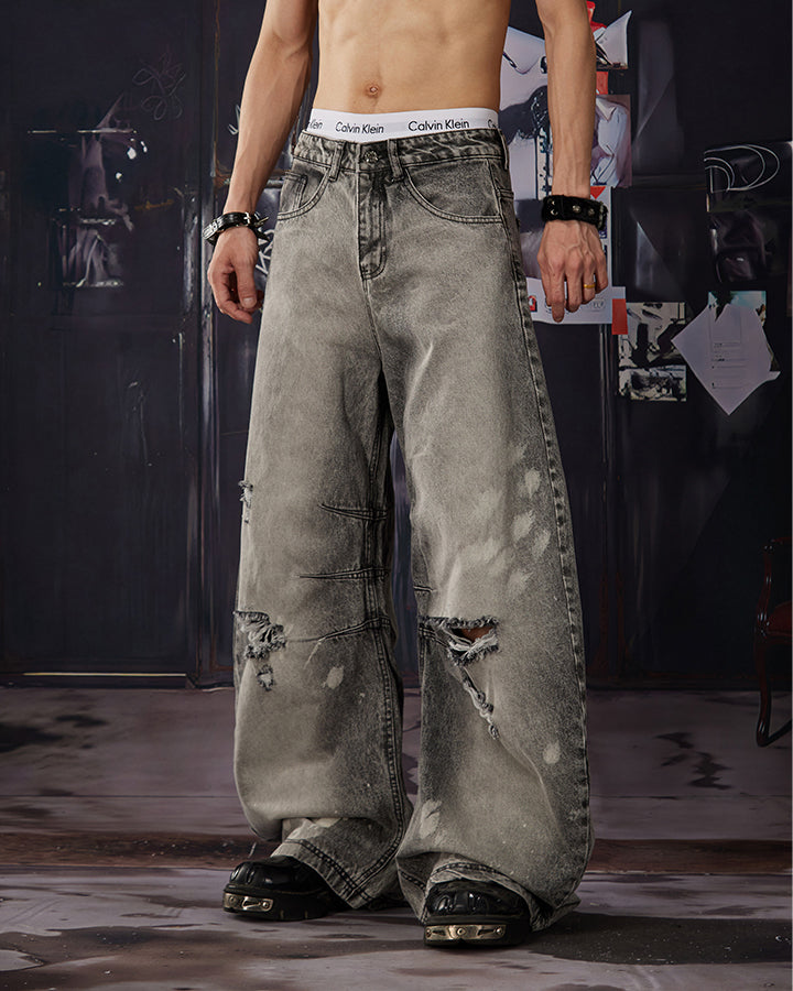 Vintage Street Distressed Washed Curved-Leg Jeans
