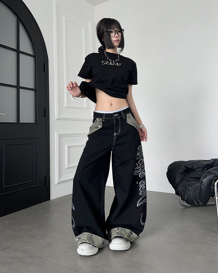 Vintage Camo Panel Wide Leg Denim Pants